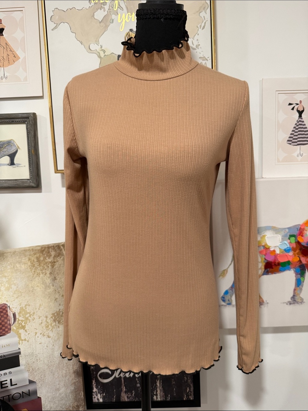 Ann Taylor Ribbed Mock Neck Long Sleeve Top — Camel/Tan #preppy